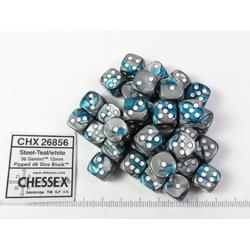 Chessex dobbelstenen set, 36 st. 6-zijdig 12mm, Gemini Steel-Teal w/white