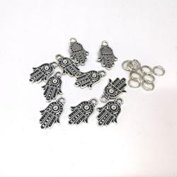 12 x Hamsa hand  Bedel Tibetaans zilver met gratis ringetjes. prachtig om sieraden zoals oorbellen, armband en als hanger.