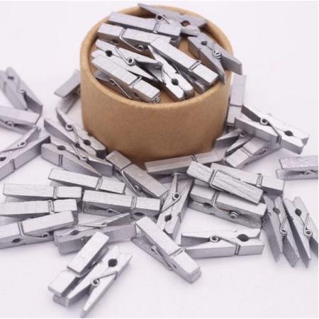 20 stuks zilverkleurige houten mini knijpers 3,5 cm