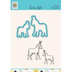 HDCS032 Nellie Snellen - set snijmal & stempel - boerderij leven - ezel & veulen - Die & clear-stamp donkey and foal