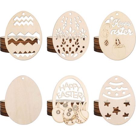 SAVITA 60 Stuks Pasen Houten Ornamenten, Onvoltooide Ornamenten met Vrolijk Pasen Eivorm voor Paas Feest Decoraties Benodigdheden (6 Stijlen)