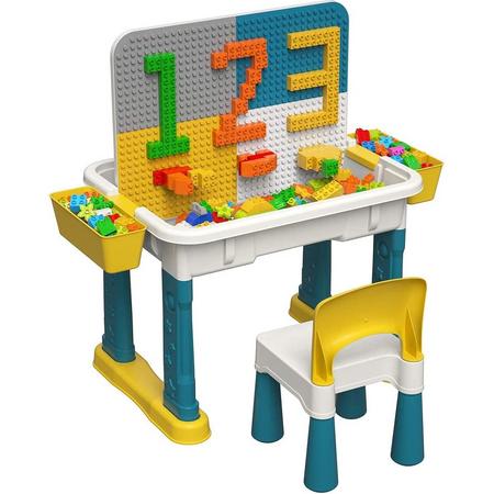 burgkidz Kindertafel- en stoelenset met 135-delige grote bouwstenen, extra grote speeltafel voor jongens en meisjes, bouwen, tekenen en eten, knutselen en huiswerk