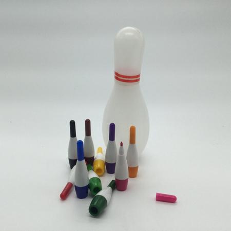 Bowling Bowlingpin 25 cm hoog van zacht plastic gevuld met 10 kleine pinviltstiften