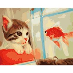 2.0 Products™ - Schilderen op nummer - Dieren - Kat - Poes – Kitten – Goud - Vis - 40 X 50 CM - Canvas - Linnen - Paintingbynumber