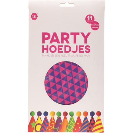Party hoedjes 11 stuks - Inclusief Elastiek en Pompoms - 11x Feesthoedjes - Papieren Feest Hoedjes - Feesthoed - Jarig - Partyhat - Verjaardagskroon - Feestmuts - Kinderen - Kinderverjaardag - Party
