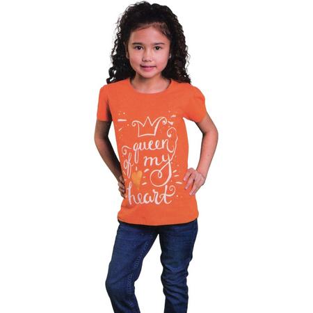 Oranje Meisjes T-shirt  - Queen of my heart -  Voor Koningsdag - Holland - Maat: 98/104