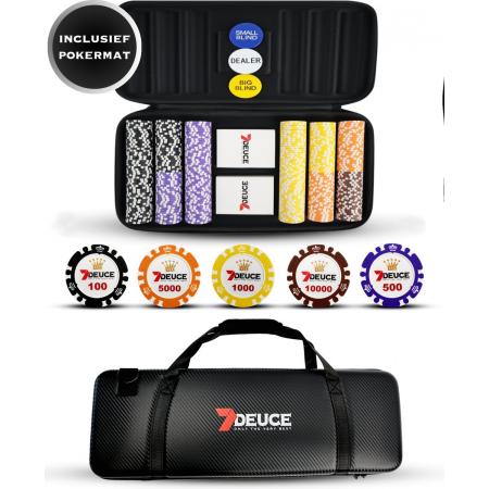 7DEUCE® Carbon Poker Set met 300 Keramische PokerFiches inclusief Pokermat, Speelkaarten, Buttons – Poker