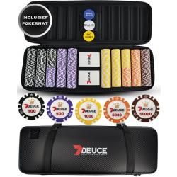 7DEUCE® Carbon Poker Set met 500 Keramische PokerFiches inclusief Pokermat, Speelkaarten, Buttons – Poker