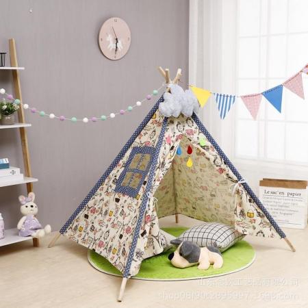 Speeltent Tipi Tent voor Jongens en Meisjes - Speelhuis Wigwam voor Kinderen met Mat en Vlaggetjes – 135x110 cm - Beige Grijs