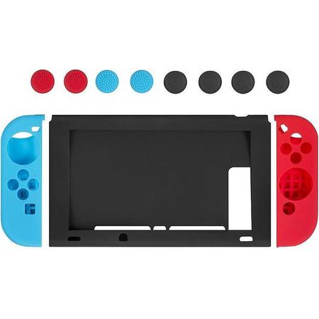 Complete Siliconen Anti Slip Beschermhoes Set Voor Nintendo Switch Console & Joycon Controllers - Soft Cover Case Hoes Protector Shell Sleeve - Inclusief Thumb Grips - Rood/Zwart/Blauw