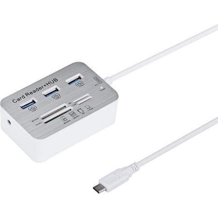 Multi USB Type C Hub Naar 3.0 Splitter & Geheugenkaartlezer - USB-C 3 Poorts Verdeler Met Memory Card - MMC/TF/Micro SD Kaart Reader - Windows & Macbook Compatibel - Plug&Play - Aluminium Look