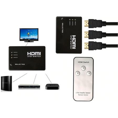 Supersnelle 3 Naar 1 HDMI Switch / Splitter / Hub / Verdeler Schakelaar Met Afstandsbediening - 1080P FUll HD - Drie Poorten - Zwart