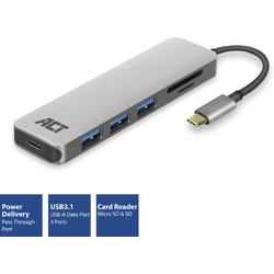   USB-C 3.1 Gen1 (USB 3.0)  , aantal poorten: 3x USB A female , 1x Type-C female met PD Pass-through poort en Cardreader, kabellengte 0,15m, aluminium behuizing AC7050