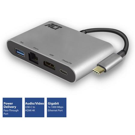 ACT USB-C 4K Multiport Dock met HDMI, USB-A, Ethernet en USB-C met PD Pass-Through, kabellengte 0.15m, aluminium behuizing AC7040