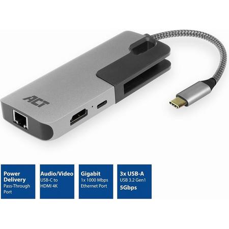 ACT USB-C 4K Multiport Dock met HDMI, USB-A, LAN, USB-C PD Pass-Through 60W
