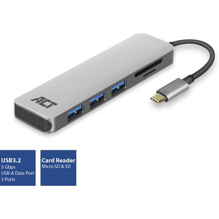 ACT USB-C Hub en card reader, aantal poorten: 3x USB A female en kaartlezer, kabellengte 0,15m, aluminium behuizing AC7051