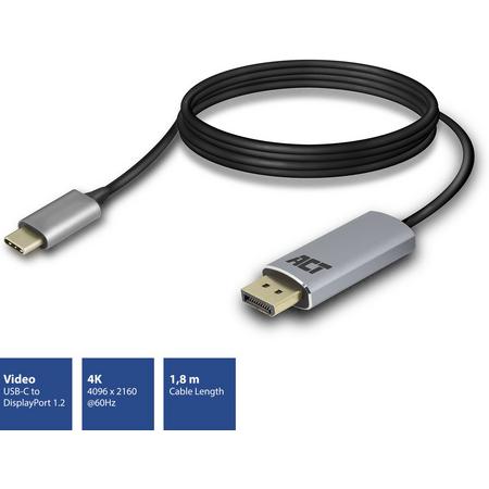 ACT USB-C naar DisplayPort male aansluitkabel, 4K @ 60Hz, kabellengte 1,8m, aluminium behuizing AC7035