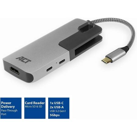 ACT USB-C naar HDMI female adapter met PD Pass-Through 60W, 4K, USB-A , USB-C, kaartlezer