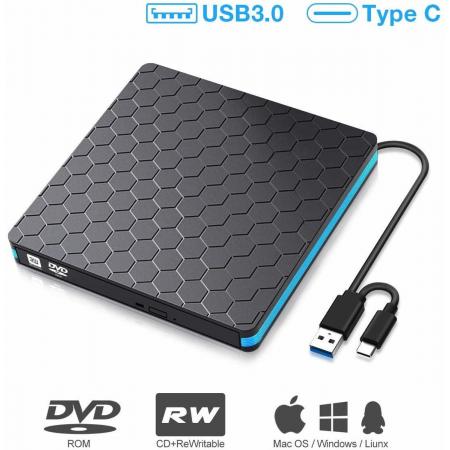 ALEC Technology™ - Externe DVD/CD Speler en Brander – INCLUSIEF Marker Zwart – Drive voor Macbook of Laptop – USB Type-A of Type-C - Zwart