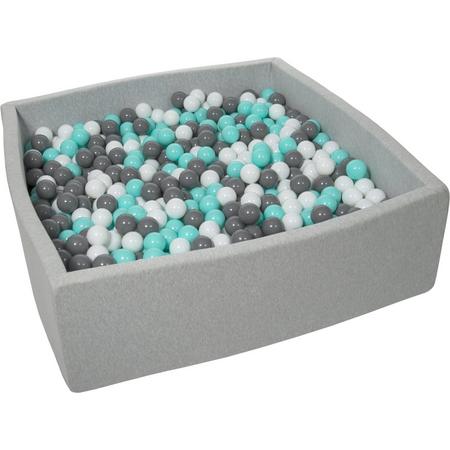 Ballenbak - stevige ballenbad - 120x120 cm - 1200 ballen - wit, grijs, turquoise.