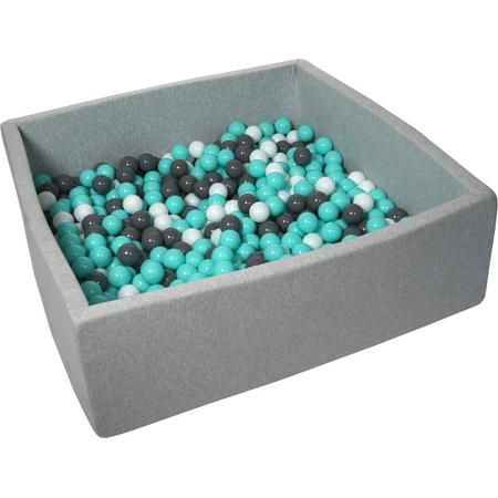 Ballenbak - stevige ballenbad - 120x120 cm - 600 ballen - wit, grijs, turquoise.