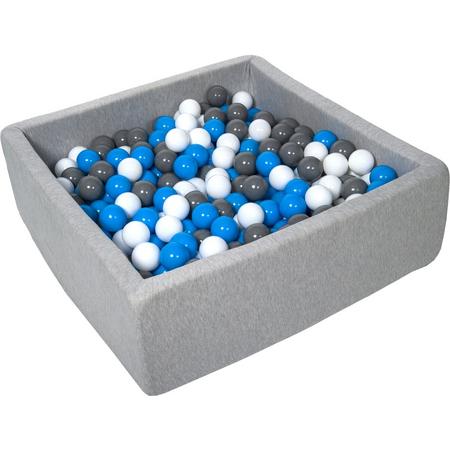 Ballenbak - stevige ballenbad - 90x90 cm - 450 ballen - wit, blauw, grijs.
