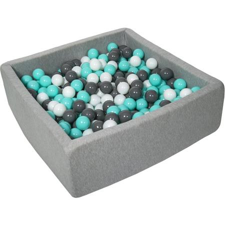 Ballenbak - stevige ballenbad - 90x90 cm - 450 ballen - wit, grijs, turquoise.