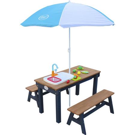 AXI Dennis Zand & Water Picknicktafel met Speelkeuken wastafel en losse bankjes Antraciet/bruin - Parasol Blauw/wit - Incl. 17-delige accessoire-set