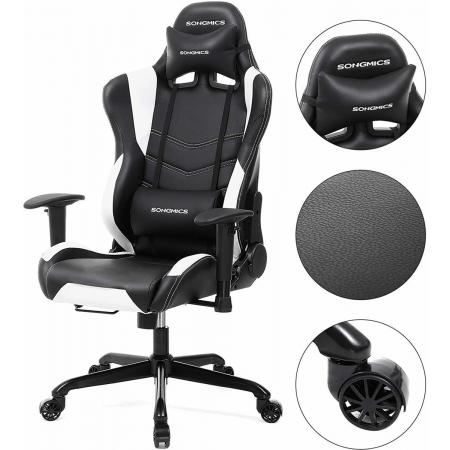 Game Stoel – Gaming Chair – Verstelbare Kussens – Wijde rugleuning - Zwart met Wit