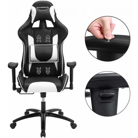 Game Stoel – Gaming Chair – Verstelbare Kussens – Wijde rugleuning - Zwart met Wit
