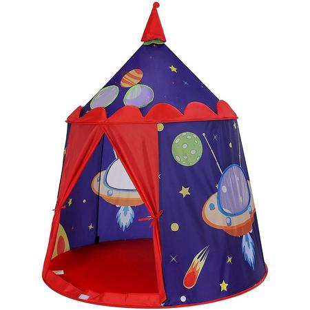 Speeltent, Ufo Ruimte Tipi Tent voor jongens en peuters, Speelhuisje voor binnen en buiten, Opvouwbaar met draagtas, Blauw en Rood