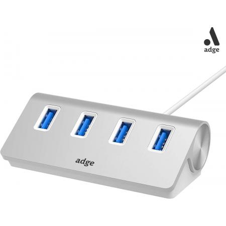 Adge® - 4 Ports Aluminium USB 3.0 High Speed Hub  - LED-indicator – Geschikt voor Windows, Linux en Mac OS - USB 3.0 - Zilver