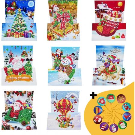 Adorzy® Diamond Painting Kerstkaarten – 3D kaarten - 8 stuks - 15x15 cm – Met 10 Kerstballen - Diamond Painting pakket volledig – Voor volwassenen en kinderen