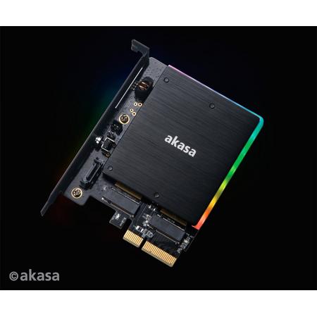 Akasa M.2 PCIe and M.2 SATA SSD adapter card with RGB LED light and heatsink