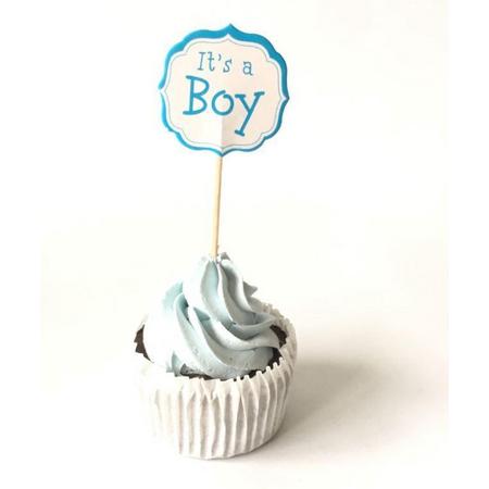Baby boy topper - 10 stuks cupcake toppers - Geboorte topper - Taart topper - Cake - Taart - babyshower topper - Het is een jongen- Prikker - 9 cm