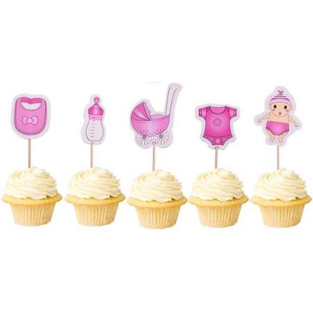 Baby girl topper - 12 stuks cupcake toppers - Geboorte topper - Taart topper - Cake - Taart - babyshower topper - Het is een meisje - Prikker - 10 cm