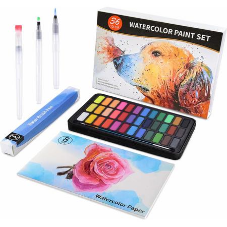 36 Kleuren Water Brush Cadeau Set - Inclusief Tekenblok, 3 Verschillende Water Brush Pennen en Geschenkdoos - Watercolor Painting Set - Ideaal Geschenk voor Kind en Kunstenaar