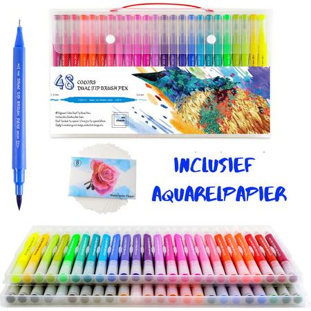 48 Stuks Penseelstiften Brush Set met Aquarel Papier - Double Tip Water Brush Pen - Ideaal Geschenk - Fineliners en Brushlettering - Handlettering Kalligraferen Aquarellen