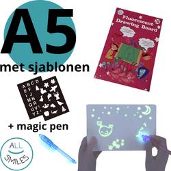 Glow in the dark Tekenpad A5 - leren tekenen voor kinderen - tekenen met licht - geheimschrift pen met magische uv - All Smiles Glowpad inclusief UV pen met lampje