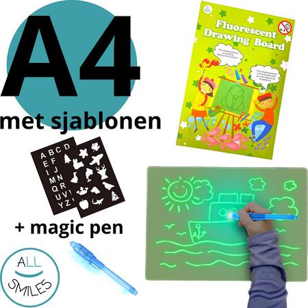 Magisch Tekenbord Kinderen A4 - Glow in the Dark - Inclusief Geheimschrift Pen met UV Lamp - All Smiles UV Tekenplaat