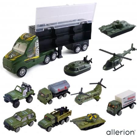 Allerion Leger Auto Speelgoedset - 15 delig – Inclusief Opbergkoffer – Met Legervoertuigen en Attributen