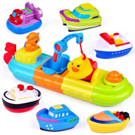Allerion XL Bootjes Badspeelgoed – Vanaf 1 jaar – Met 6 Squirter Bootjes – Opwindbare Bewegende Boot