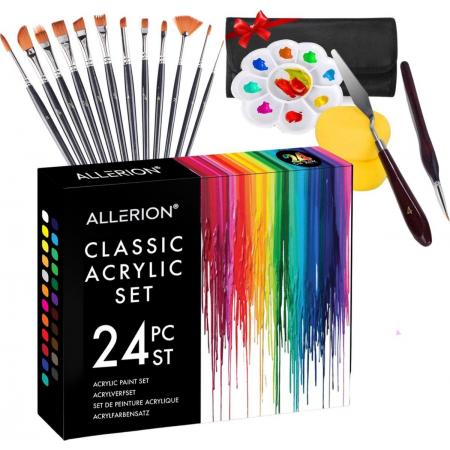 Allerion® Acryl Verf Set - Schilder set - 24 Verschillende kleuren - met GRATIS schilder attributen - Hoge kwaliteit verf - All-in-one schilderset - 24x 12ml Acrylverf
