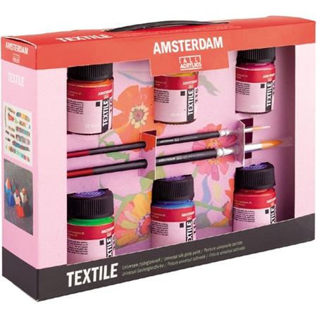 Deco textielverf set 6 kleuren 16 ml flacons met penselen
