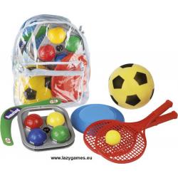 Camping Sportset in Tas - Boemerang, een frisbee, een tennisset (2 rackets ø 21 cm met bal) en een zachte bal