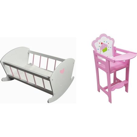 Angel Toys Poppenschommelbedje - Hout - Wit/Roze samen geleverd met een Poppen kinderstoel roze 