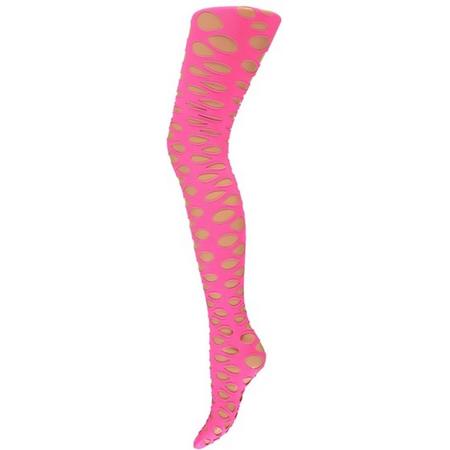Dames party pantys zwart met gaten - Verkleedpanty netpanty neon roze L/XL