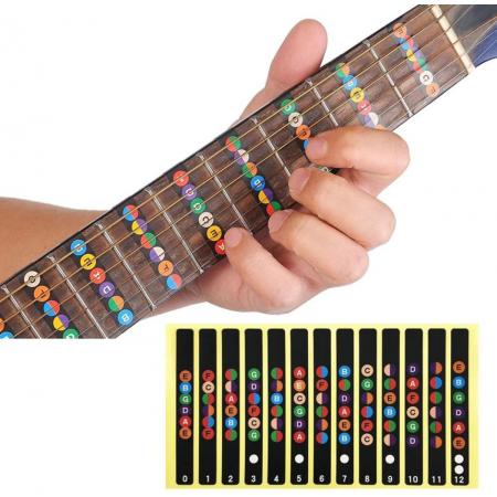 Gitaar fretboard stickers – Guitar Chords - Gitaarakkoorden sticker - Gekleurde fret stickers voor het leren spelen van gitaar – 12 stickers Zwart