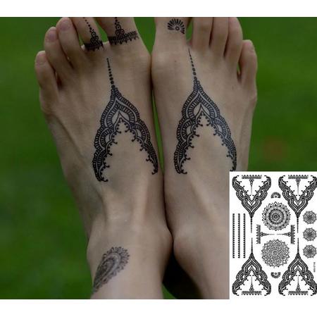 Plak Tattoos - Zwarte Henna Tattoo - Body Glitter - Tijdelijke Tatoeage - Festival Tattoe - Zomer feest tatoeages - Festival Tattoo - Neptattoo- 1 vel Black Flowers