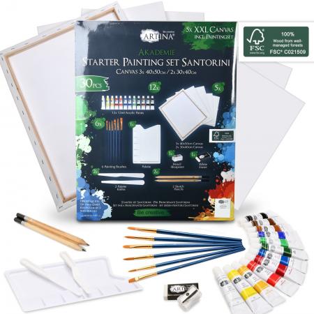 Artina “Santorini” Acryllverf 30-delig set met kleuren, canvassen, penselen, tekenpennen